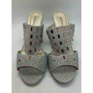 John Fashion Women's Silver Rhinestone Beaded Open Toe Wedge Heel Size 7
